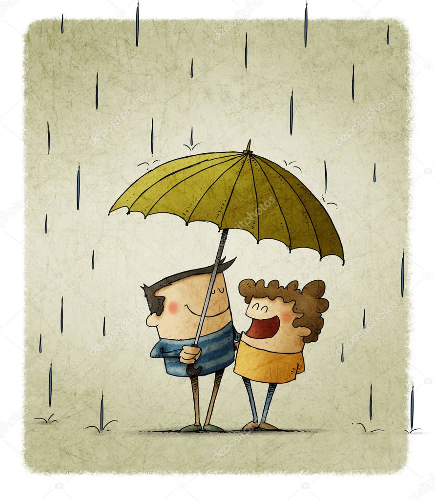 Illustration of two children sharing an umbrella to protect themselves from the rain