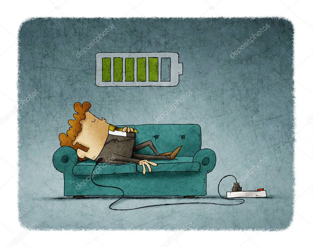 Illustration of a businessman on the sofa is connected to the power grid while recharging energy. Recharge concept.