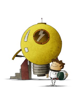 Astronot kılığına girmiş bir adam, ampul şeklindeki bir roketin yanında havalanır. Yaratıcılık kavramı. Fikir. Izole