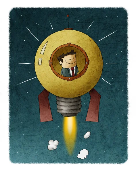 ビジネスマンは電球のような形をしたロケットの中の空間を旅する。起業家精神と創造性の概念. — ストック写真