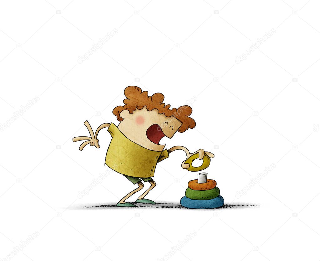 Cute boy playing with a rainbow stacking rings. isolated