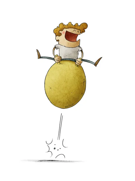 Ilustração de menino sorridente se divertindo pulando em uma bola de funil. Isolados — Fotografia de Stock