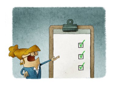 Kontrol listesi olan bir pano yanında iş kadını. İş görevlerinin başarılı bir şekilde tamamlanması.
