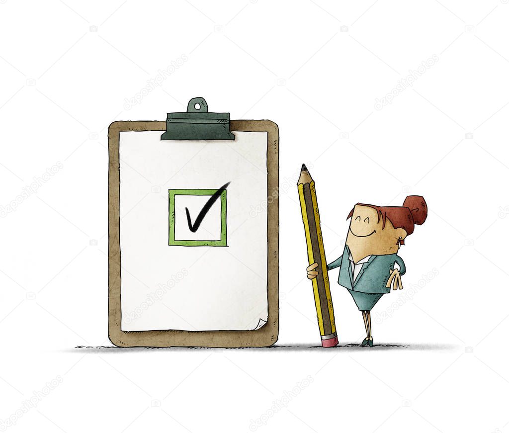 Business woman with a giant pencil in her hand next to a clipboard with checklist. Successful completion of business tasks. isolated