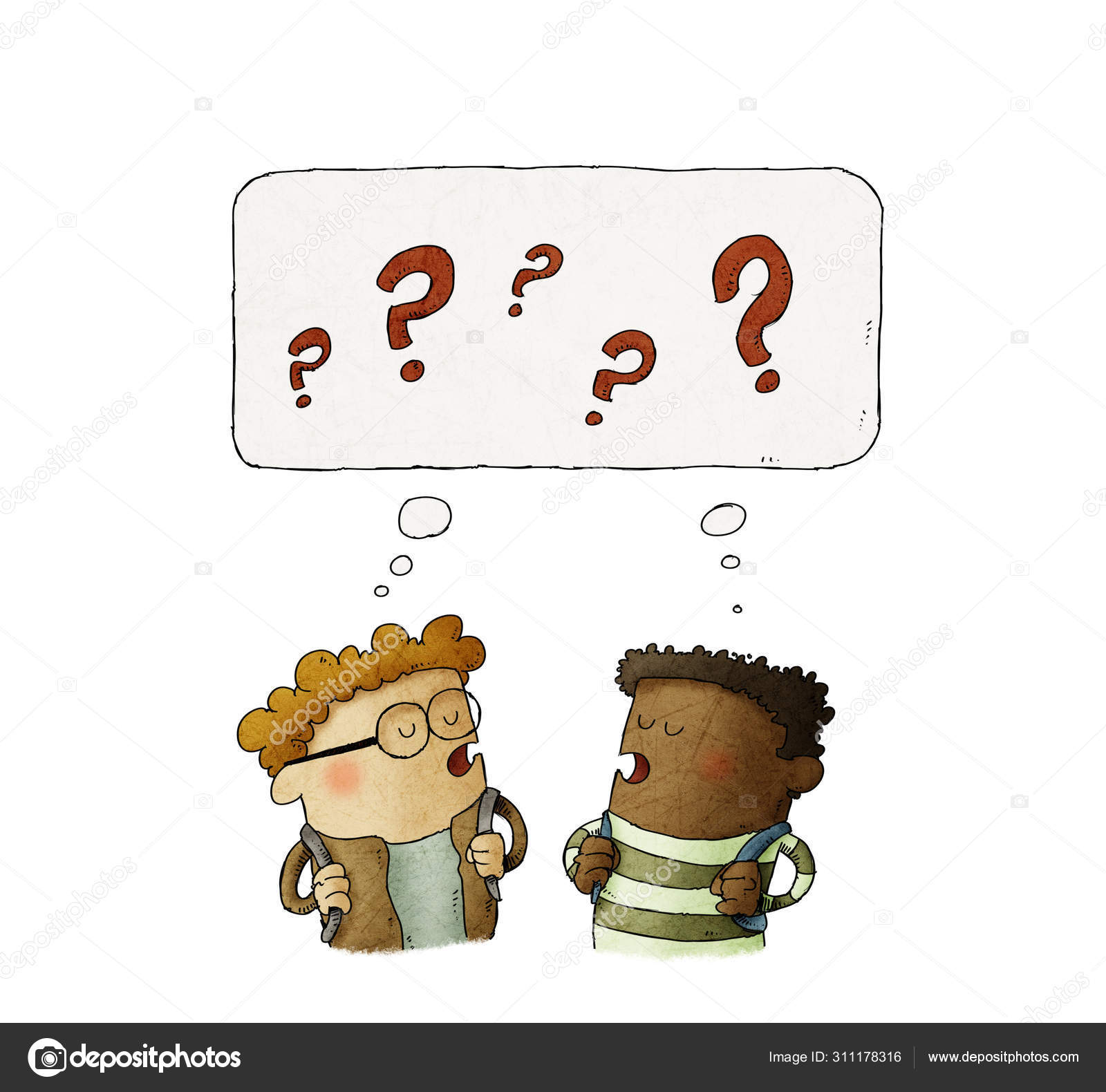 Illustrasjon av to tenkende små barn med spørsmålstegn over hodet. isolert  – stockillustrasjon © JrCasas #311178316, image size:1600x1580