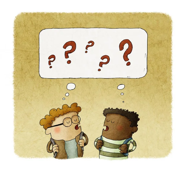 Ilustración de dos niños pequeños pensantes con signos de interrogación sobre sus cabezas . —  Fotos de Stock