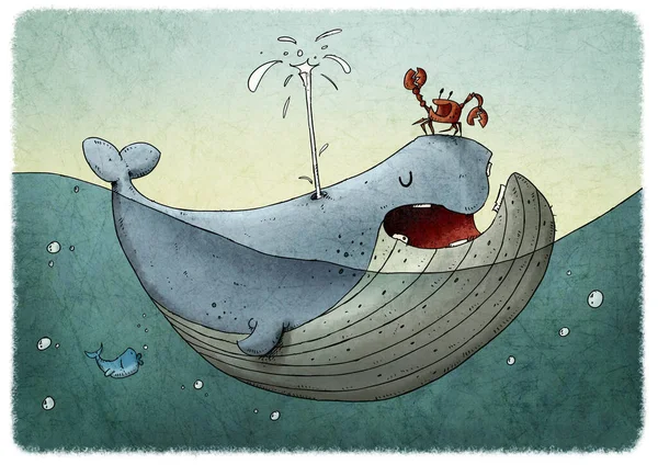 101 5000Dětská Ilustrace Zábavné Barevné Velryby Vodě Krab — Stock fotografie
