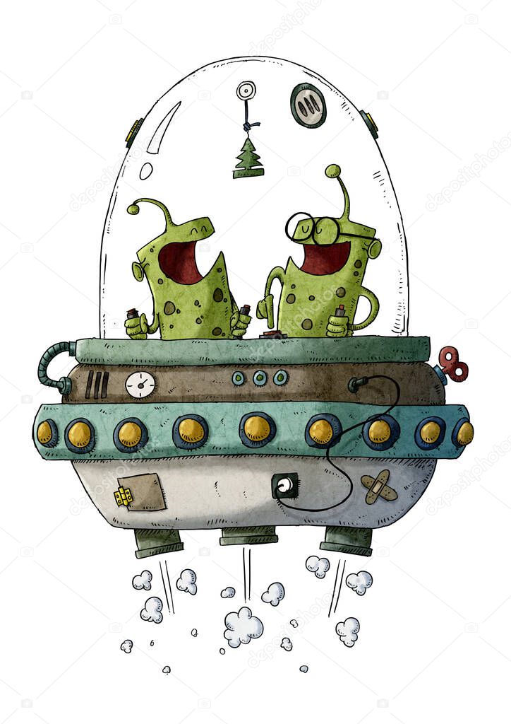 two aliens, one of them with glasses, drive a retro ufo, funny illustration for children. isolated