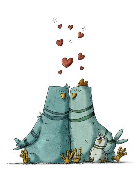 Birbirine kenetlenmiş bir kuş ailesinin tasviri. Üzerlerinde kalpler uçuşuyor. izole