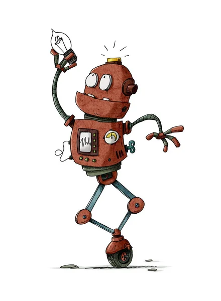 Funny metallic robot holds a light bulb in his hands and looks at it with the intention of putting it on his head. isolated