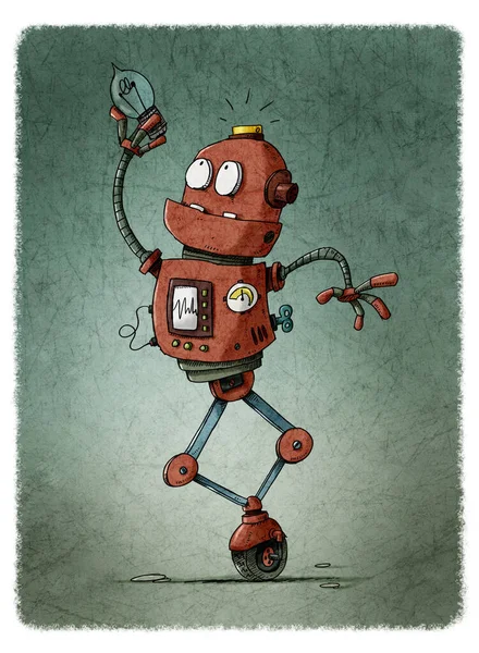 Funny metallic robot holds a light bulb in his hands and looks at it with the intention of putting it on his head.