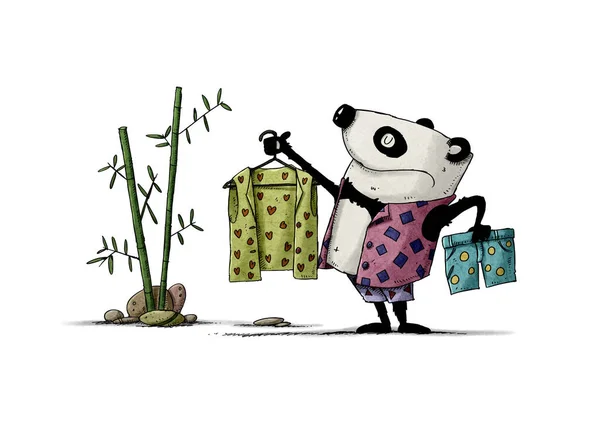 Смешной Панда Медведь Одет Красочные Рубашки Брюки Выбирает Другую Одежду Стоковая Картинка