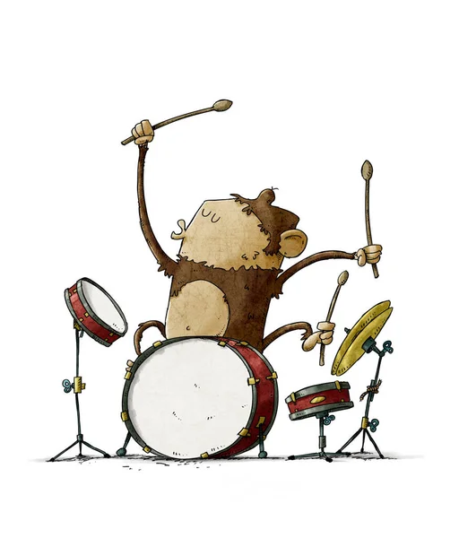 Grappige Aap Speelt Drums Met Een Drumstick Ene Hand Een — Stockfoto