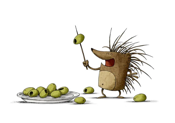 Funny Hedgehog Pricking Olives One His Picks Isolated — Stock Photo, Image