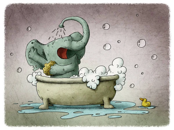 Slon Vaně Zalije Vodou Zatímco Tře Houbou Čas Koupele — Stock fotografie