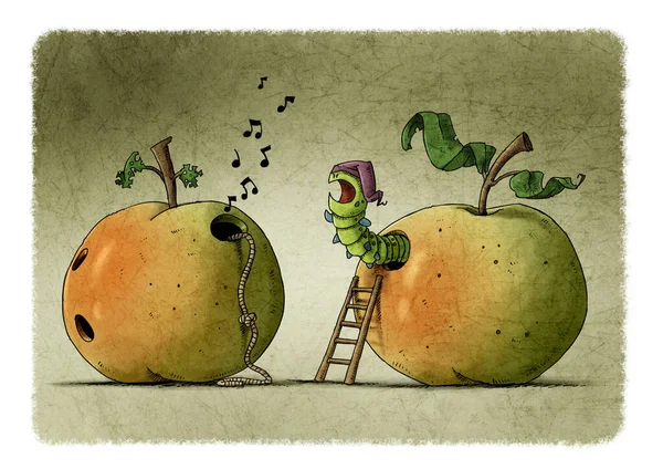 Gusano Que Vive Dentro Una Manzana Está Enojado Porque Otro — Foto de Stock