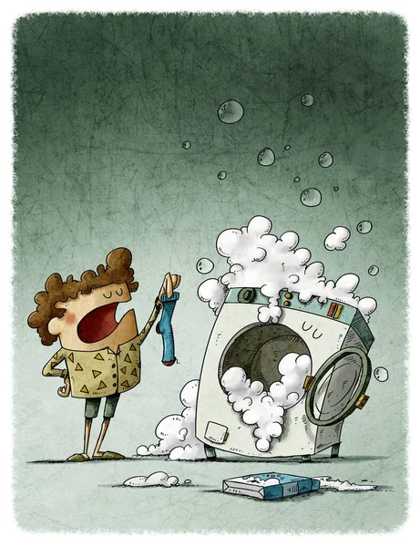 Lavadora Que Perde Meias Ilustração Menino Mostrando Uma Meia Para — Fotografia de Stock