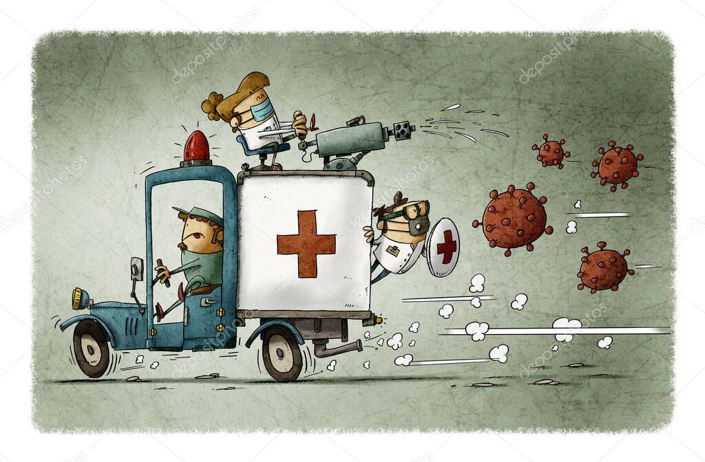 health workers are uploaded into an ambulance and fight a virus trying to catch them.
