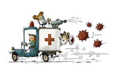 Sağlık çalışanları ambulansa yükleniyor ve onları yakalamaya çalışan bir virüsle savaşıyorlar. izole