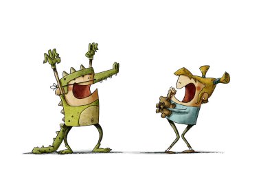 boy dressed as a crocodile is giving a screaming girl a huge scare. isolated clipart