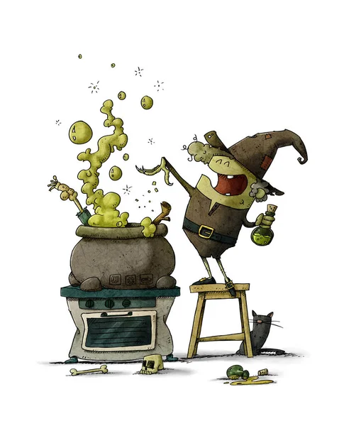 Witch Stool Throwing Something Huge Bubbling Potion Isolated — Stock Photo, Image