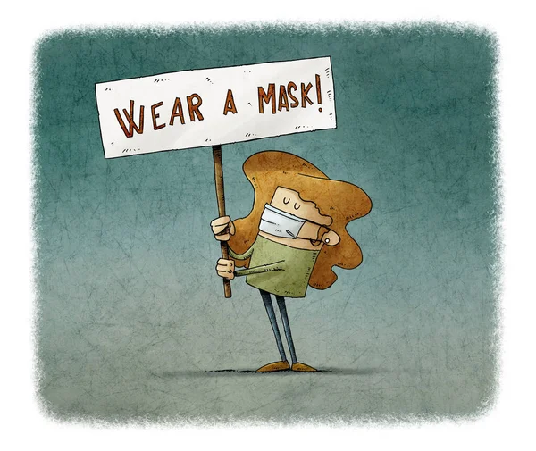 illustration of a woman with a sign in her hands that is warning