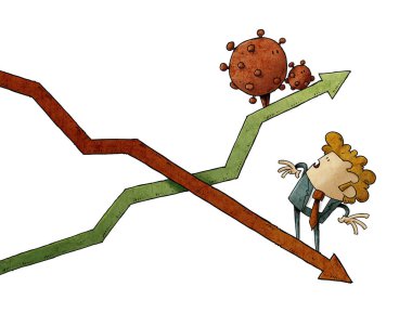 Coronavi 'nin bir karikatürünün yer aldığı finansal grafiğin çizimi