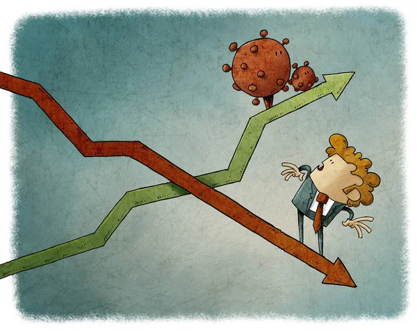 Illustratie Van Financiële Grafiek Waar Een Cartoon Van Coronavi — Stockfoto