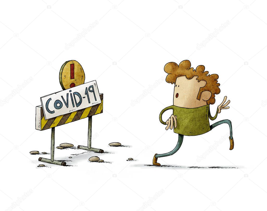 illustration of a man fleeing on tiptoe from a sign that warns t