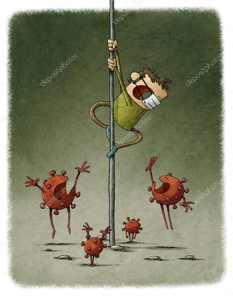 illustration of a scared man with a mask who is on a pole becaus