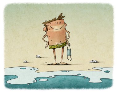 Sahilde bir adamın komik bir tasviri.