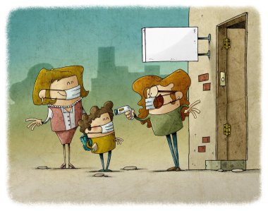 Bir çocuğun ateşini bir bebekle ölçen bir kadının resmi