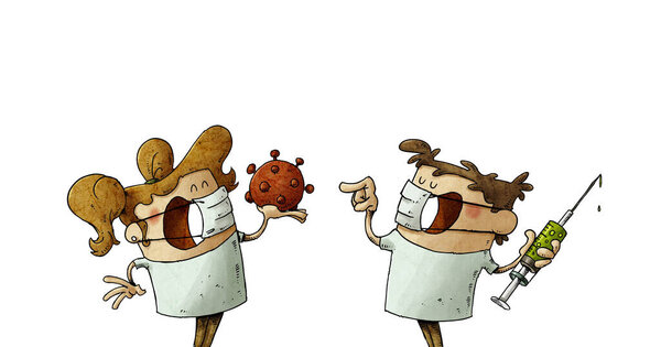 funny illustration of a scientist boy and girl who have invented