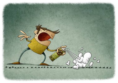 Karınca öldürücü spreyli insan tasviri bir karınca salgınını yok etmeye çalışıyor..