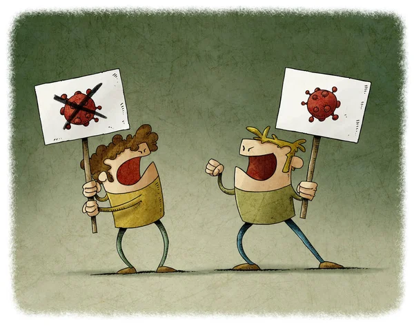 Two Men Arguing Existence Covid Carry Banners Image Coronavirus — Stock Photo, Image
