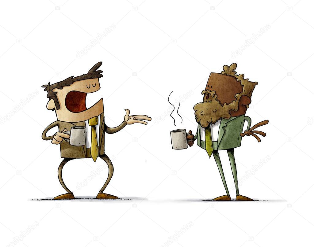 illustration of Two businessmen drink coffee while talking and making decisions. isolated