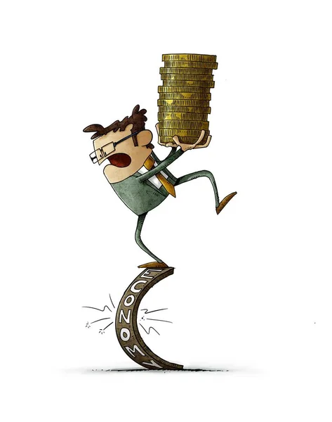 Illustration Man Holding Stack Coins Balancing Word Economy Which Going — Stock Photo, Image