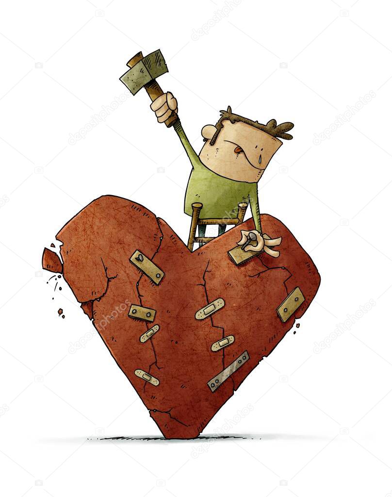 illustration of a man on a ladder is patching a huge, cracked, crumbling heart. broken love concept, isolated