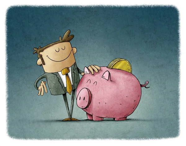 Illustration Eines Geschäftsmannes Mit Einem Maskottchen Einem Großen Sparschwein Mit — Stockfoto