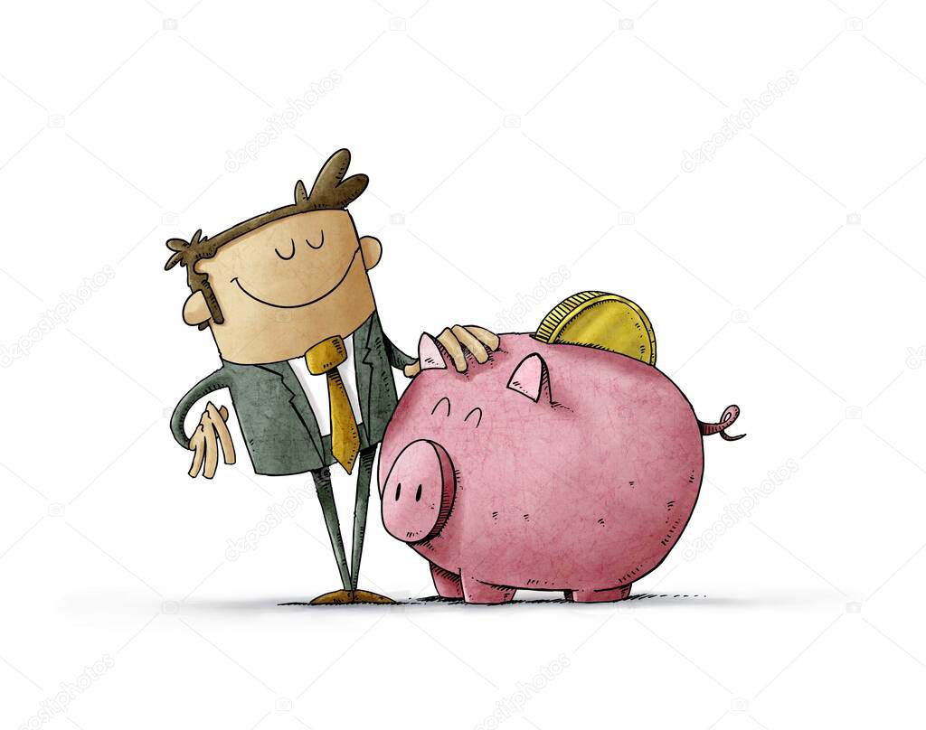 illustration of Businessman with a mascot that is a big piggy bank with a coin on his back. Concept of loving savings. isolated