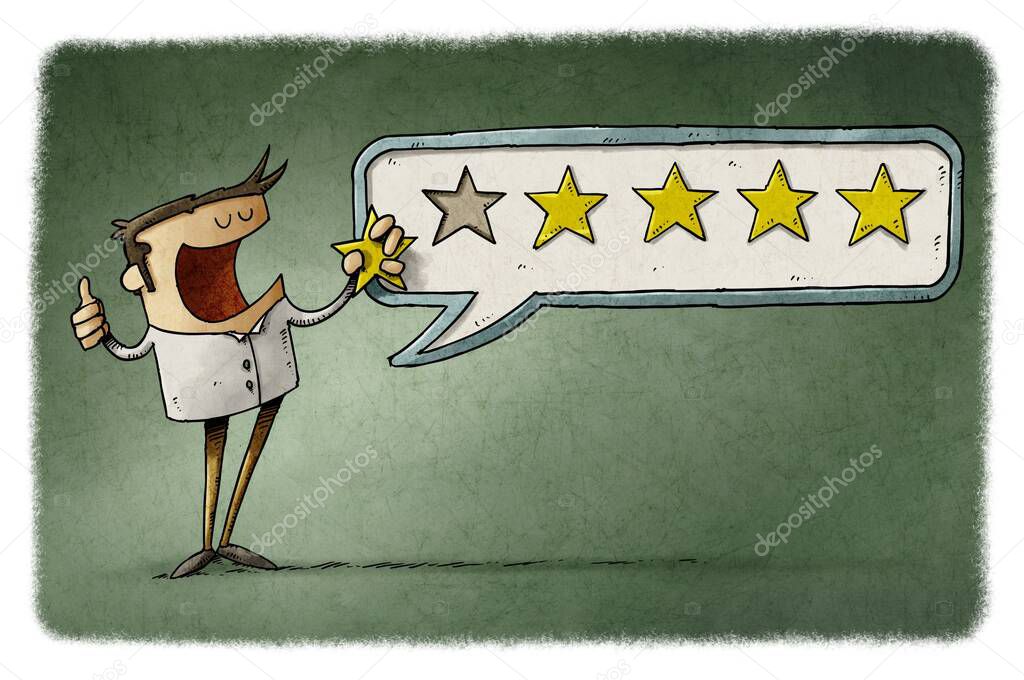 Customer Experience Concept. illustration of man pointing five star symbol to increase rating of company