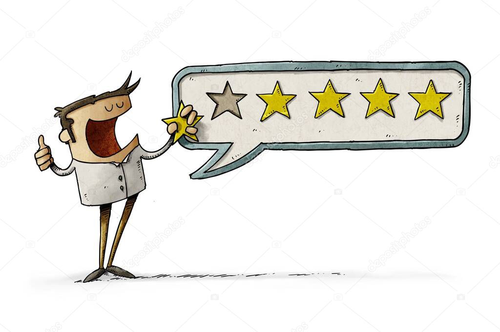 Customer Experience Concept. Illustration of Man pointing five star symbol to increase rating of company. isolated