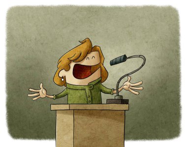 illustration of businesswoman or politician is giving a campaign speech, she is serene and calm. clipart