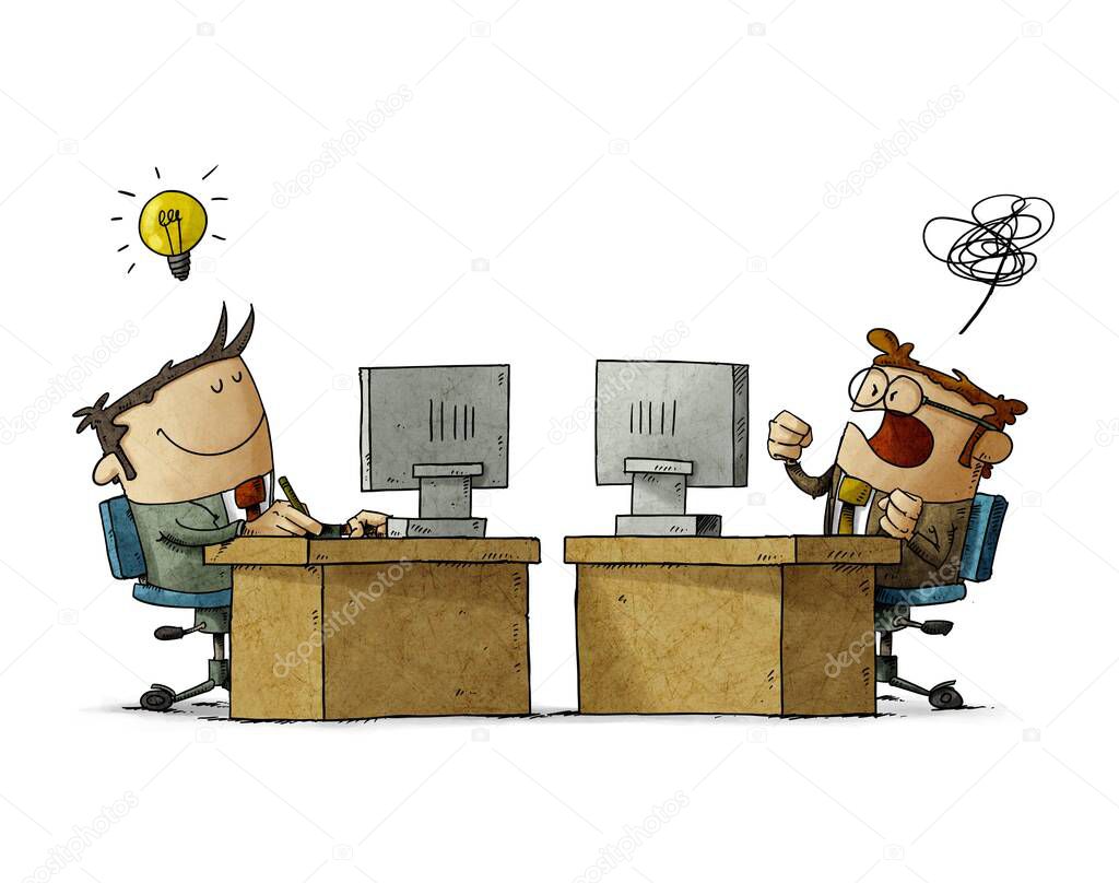 illustration of businessmen working at their desks, one is lucid and happy and the other is confused and angry. business mood concept. isolated