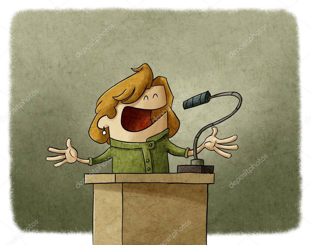 illustration of businesswoman or politician is giving a campaign speech, she is serene and calm.