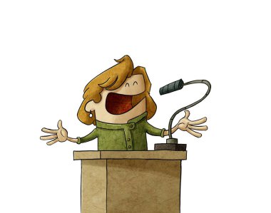 illustration of businesswoman or politician is giving a campaign speech, she is serene and calm. isolated clipart