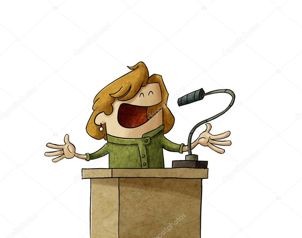 illustration of businesswoman or politician is giving a campaign speech, she is serene and calm. isolated