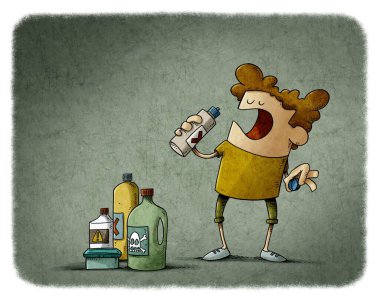 illustration of little boy is going to drink detergent from a bottle. home hazards. clipart