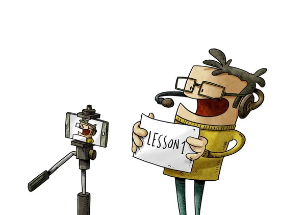 Illustration Illustration Teacher Teaching Online Lesson Recording Himself Tripod Mobile — Stock Photo, Image