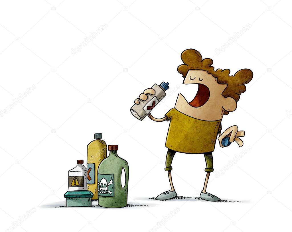 illustration of little boy is going to drink detergent from a bottle. home hazards. isolated